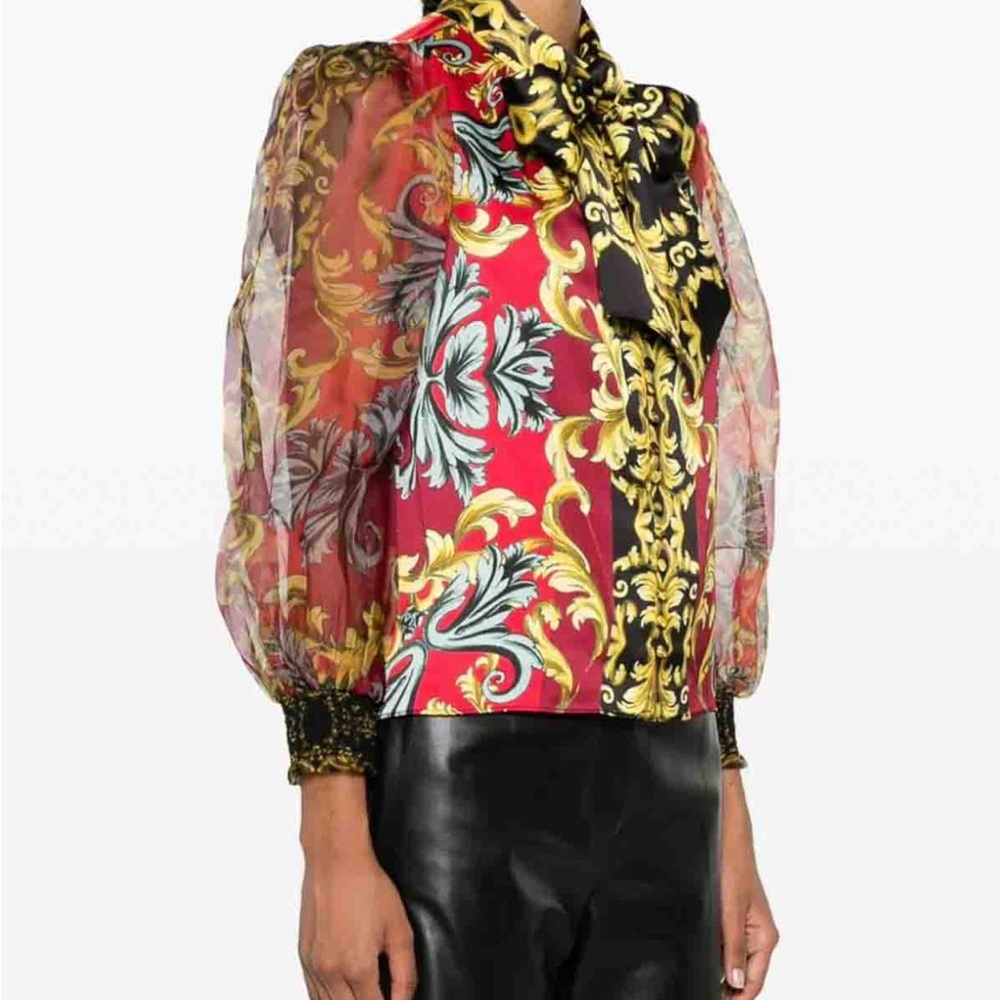 Alice & Olivia Women's Red and Gold Baroque Print Blouse NWOT $395 retail